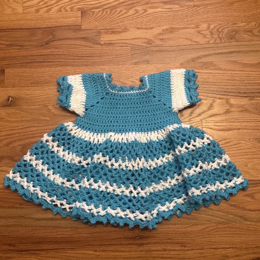 Vintage Handmade Toddler Baby Girl Crochet Dress 2/3T Teal And white
